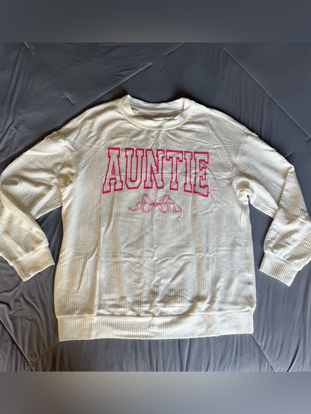 AUNTIE White Waffle Knit Sweater Long Sleeve with Pink Letters and Bow